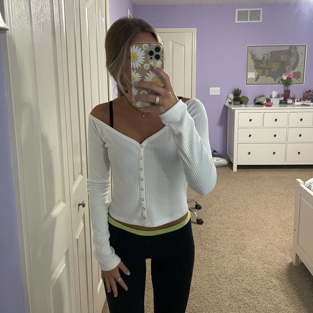slightly off the shoulder white long sleeve shirt with buttons